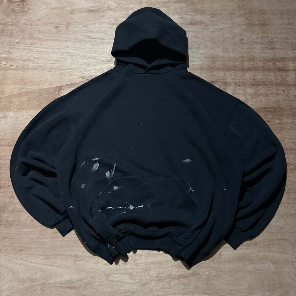 Vintage Russell Athletic Made USA Black Hoodie XL Distressed Paint Splatter